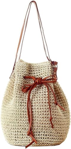 Image of MAIRO LIFESTYLE Straw Wicker Handmade Boho Summer Beach Drawstring Tote Bag