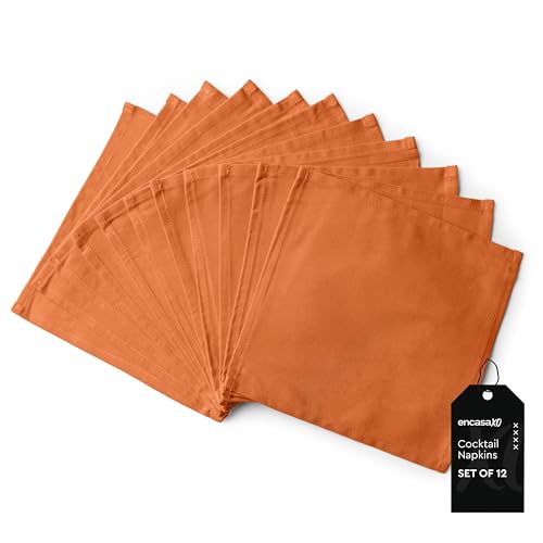 Image of Encasa XO Dining Cocktail Napkins 12 pcs (1 Dozen) Set of Large 23x23 cm (9 inchx9 inch) - Orange - Absorbent Heavy Cotton Party Fabric Machine Washable for Home Restaurant Banquet & Hotel
