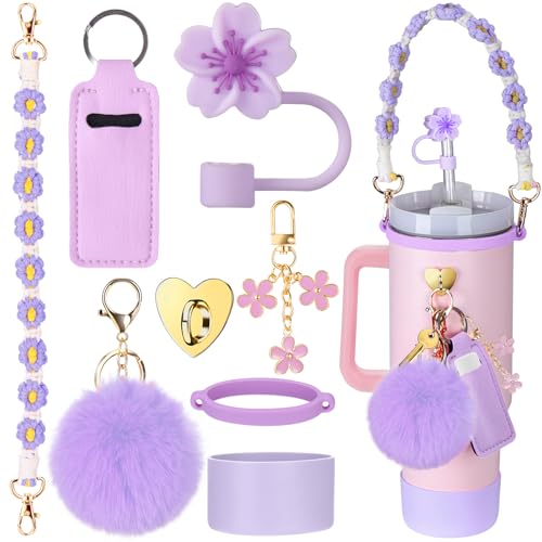 Mity rain Cup Accessories for Stanley Cup 30oz 40oz Tumbler with Handle, Including Water Bottle Handle Strap, Chapstick Holder, Boot, Keychain Charms, Straw Topper Cover Cap for Stanley (Purple)