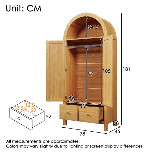 Merax Armadio in stile rustico in rovere 181 x 78 x 45 cm, armadio vintage in legno con rattan, 2 ante e 2 cassetti, ripiano semicircolare aperto, asta appendiabiti