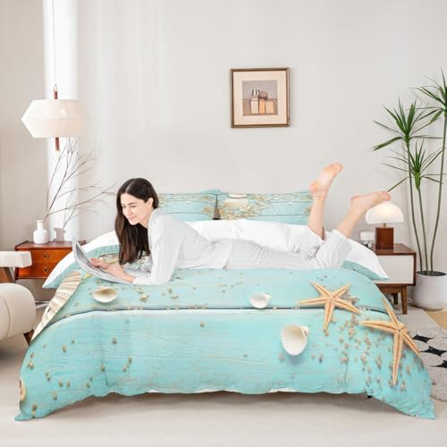 Seashell Starfish Duvet Cover Set King Size,Wood Stripes Bedding Set 3pcs for Kids Teens Girls Boys Room Decor, Beach Hawaiian Style Comforter Cover Summer Teal Quilt Cover with 2 Pillowcases