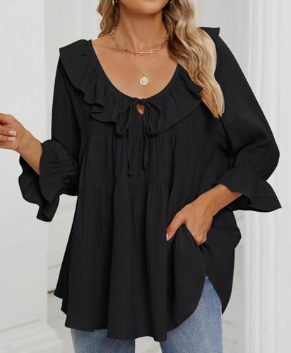 ZESICA Womens Scoop Neck 3/4 Length Sleeve Tops 2025 Casual Tie Front Ruffle Tiered Loose Tunic Shirts Blouses Fall Outfits3