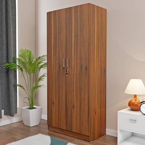Image of VIKI Wardrobe | Mawlynnong Wardrobe | Wooden Almirah for 2 Door Wardrobe with 2 Shelves & Hanging Space (Brussel Walnut - 40D x 80W x 180.8H) | 1 Year Warranty | Free Assembly