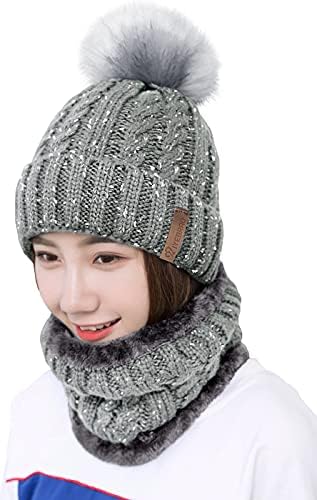 29 IYEBRAO Womens Winter Knit Pom Pom Beanie Hat Scarf Set Girls Slouchy Thick Fleece Lined Ski Hat Warm Skull Cap