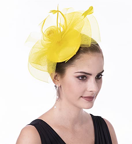 Fascinator Women's Organza Church Kentucky Derby British Bridal Tea Party Wedding Hat Summer Ruffles Cap(hj-8-Yellow) - Thumbnail 3