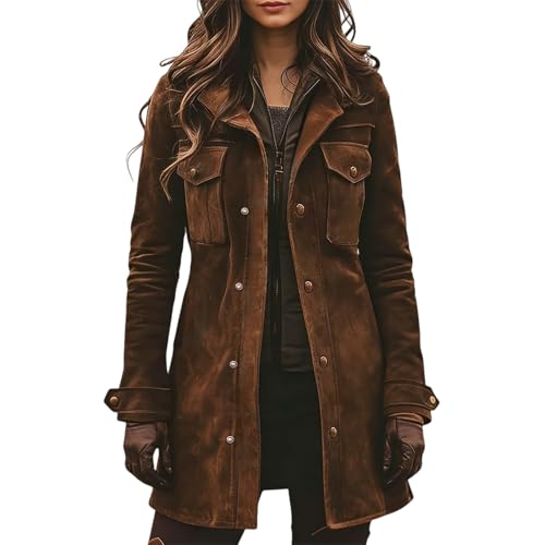 ZWRXW Faux Suede Leather Jacket for Women Midi Long Shacket Coats Vintage Brown Jackets Fashion Long Trench Coat Windbreaker