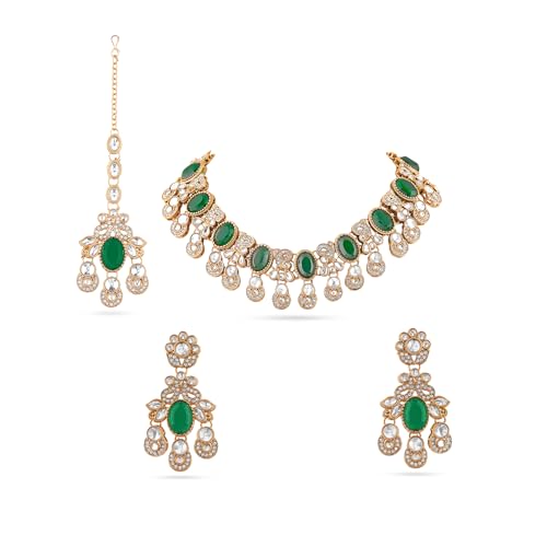 Image of Rubans Necklace Maangtikka Set Gold Plated Kundan & Pearl Jewellery Gift for Women & Girls