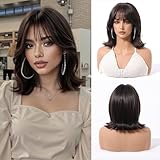 Tumhorn ショート ウェービー ボブ ウィッグ 前髪付き ブラウン カーリー ヘア ウィッグ 女性用 肩の長さ 合成 耐熱 ウィッグ 日常 ヘアスタイル 12 インチ