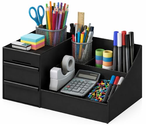 Image of ROKTRY Stationary Organizer with 2 Drawers & 9 Compartments | All-in-One Office Stationery Storage Box for Desk, School & Home | Space-Saving Metal Pen Stand & Desktop Accessories Caddy (Matte Black)