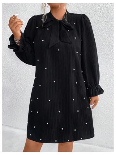 WDIRARA Women's Plus Size Pearl Beaded Tie Neck Long Sleeve Casual Work Short Dress3