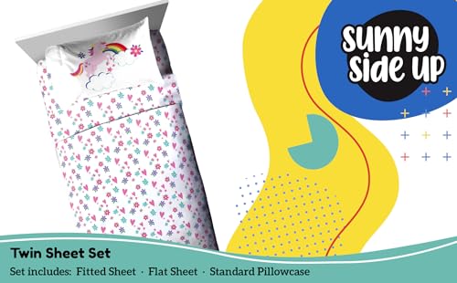 Image of Sunny Side Up Rainbow Unicorns Twin Sheet Set - 3 Piece Kids Bedding Set Includes Pillow Cover - Super Soft Floral Hearts Microfiber Sheets