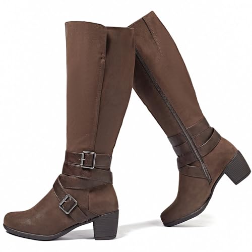 Knee High Boots for Women Chunky Heel Casual Comfort Pointed Toe Boot Womens Fashion Fall Winter Knee-High Boots. 9 Brown Zpu 304