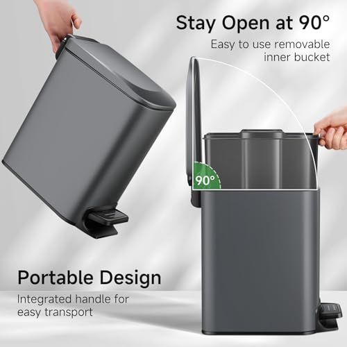 Image of TIPGO Small Bathroom Trash Can with Lid, 1.6 Gal, Soft Close, Grey | Foot Pedal, Soft Quiet Lid, 5.9'' Slim for Narrow Space, Stainless Steel, Anti-fingerprint, Removable Inner Bucket, Odor Seal