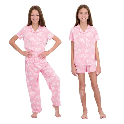 Image of US Angels Girls Pajama Set 3 Piece, Short Sleeve Button Down PJs with Shorts & Pants, Soft Sleepwear Girls & Tweens Size 5-16