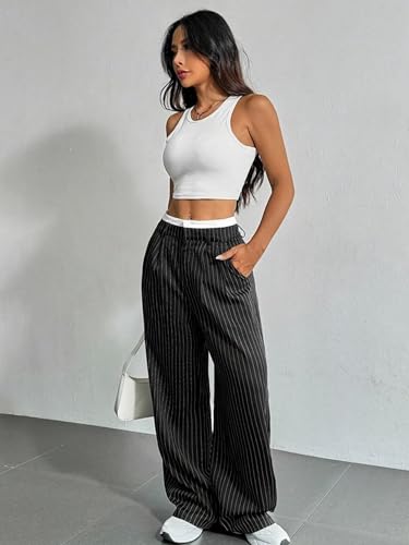 Women's Striped High Waist Wide Leg Pants Loose Color Block Straight Leg Suit Trousers with Pockets Casual Office Work4