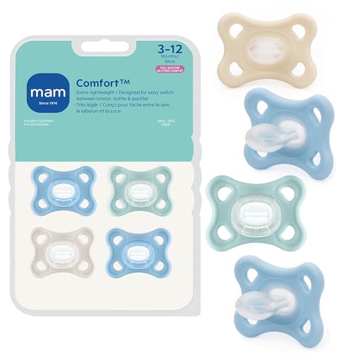 Image of MAM Comfort Baby Pacifiers 3-12 Months Babies, Lightweight One-Piece Full Silicone Binky, BPA-Free Nipple, Easy to Clean Pacifier, Best for Breastfed Babies, 4 Pack, Made in Europe