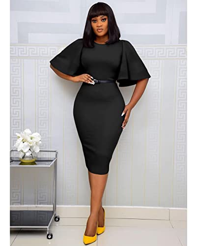 Image of Memoriesea Women's Basic Bodycon Ruffle Flared Short Sleeve Pencil Midi Dress