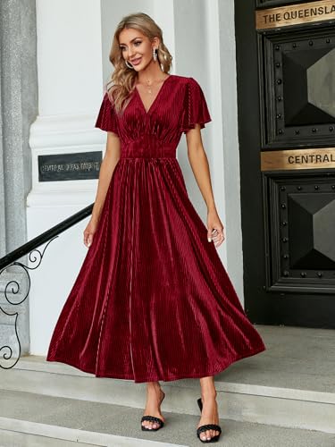 Image of Simplee Women's V Neck Velvet Maxi Dress Short Sleeve Empire Waist Long Formal Dress for Wedding Guest