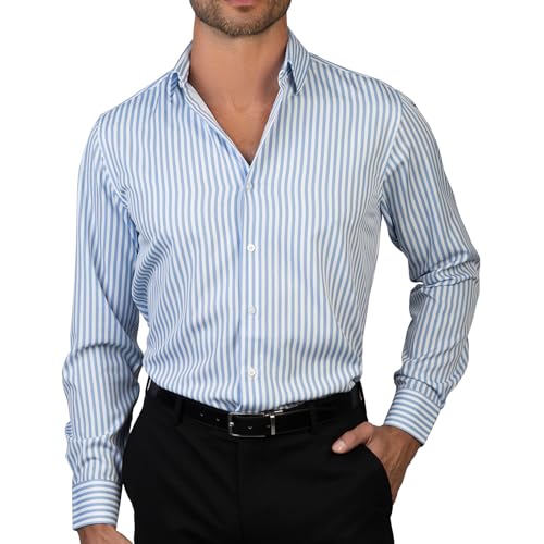 Nautica Slim Fit Long Sleeve Shirts for Men Dress Shirt Wrinkle Free 4-Way Stretch Polyester Cooling Technology Blue Stripes