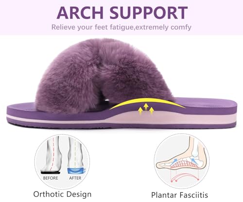 Image of COFACE Womens Fuzzy Slides Fluff Faux Fur Cross Slippers Open Toe Yoga Mat House Slipper Sandals With Arch Support For Indoor /Outdoor