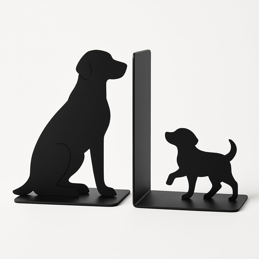 Dog Bookends, Black Metal Book Ends for Shelves, Sitting & Walking Dog Silhouette Set, Heavy-Duty 0.08" Thick Steel Book Holder for Home Office, Decorative Gift for Dog Lovers