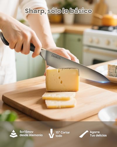 Denkich Set Cuchillos Cocina, 6 Piezas con Mango Ergonómico y Acero Inoxidable Alemán, Juego de Cuchillo Profesional con Base de Bloque de Roble para Cocinero y Principiante - imagen 4