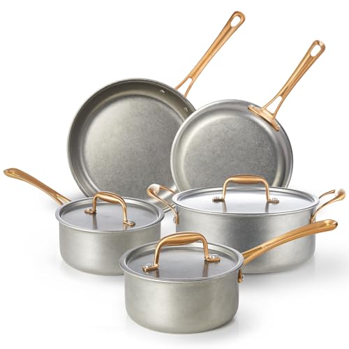 KOKHUB Pots and Pans Set 8 Pcs, Vintage Stainless Steel Cookware Set Non-Toxic, PFOA/PFOS/PTFE Free, Kitchen Cooking Set with Frying Pans, Saucepans, Oven & Dishwasher Safe, Induction Compatible