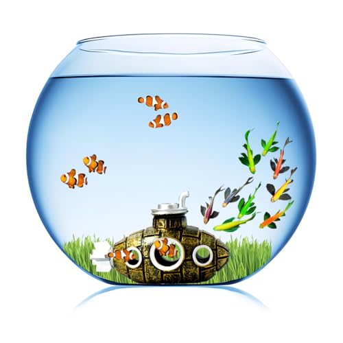 Image of Fish Tank Decorations, Aquarium Decor Thematic Ornaments, Cute Little Diver Aquarium Decoration Cartoon Fish Playmate with Submarine - Floating Aquarium Decorations (Submarine Gold)
