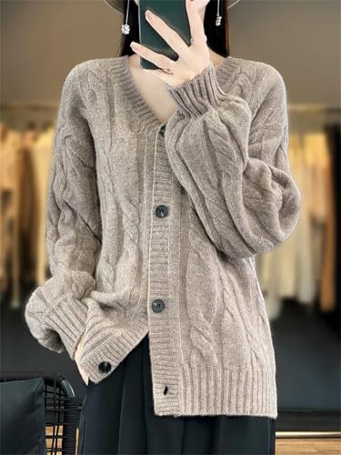 Women Cable Knit Sweater 100% Merino Wool V Neck Cardigan Coat Flower Twisted Jumper Tops﻿4