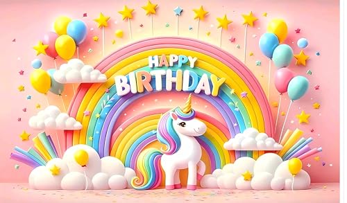 Image of Backdropon Rainbow Unicorn Themed Happy Birthday Design Backdrop for Birthday Decoration Traditional /Background Curtain Cloth for Party /Festival Size 5 Feet Height and 8 Feet Width (5 * 8)