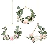 Pauwer Floral Hoop Wreath Set of 3 Artificial Rose Flowers and Eucalyptus Garland Metal Ring Wreath...