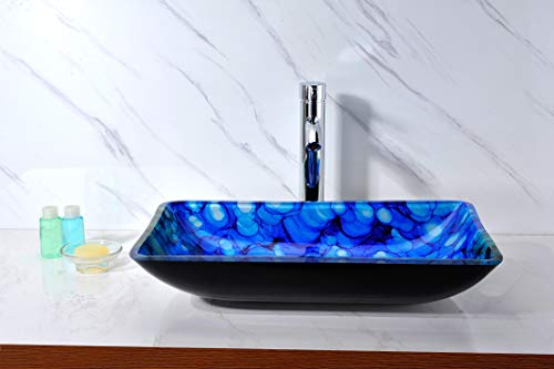 Anzzi Voce Rectangular Tempered Deco Glass Vessel Bathroom Sink In Lustrous Blue | Top Mount Toilet Sinks Above Counter | Square Vanity Countertop Sink Bowl With Pop Up Drain | Ls-Az040 #TOP2