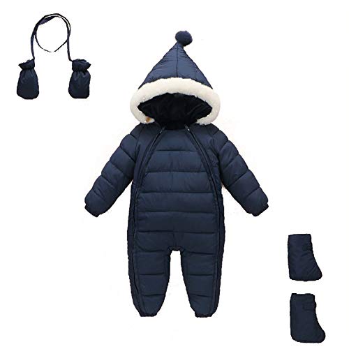 LSERVER Unisexe Bébé Grenouillères Combinaison de Neige Ski avec Gants et Footies Manteau Barboteuse, Bleu foncé, 6-12 Mois/M