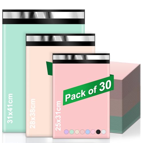 Wanxida 30 Stück Versandtüten, Bunte Versandtasche, Wasserdichte Versandtaschen Kleidung, Versandtaschen Warensendung für Kleine Unternehmen (Rosa 25x31cm,Gelbcm 28x38cm,Grün 31x41cm)