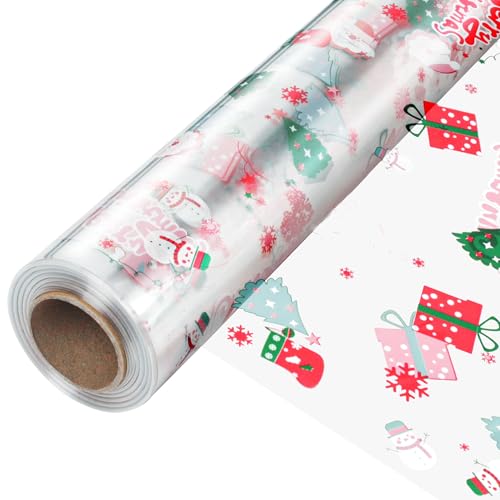 Image of JOYIT 35 in x 50 ft Christmas Cellophane Wrap Roll - 3 Mil Thick Transparent Merry Christmas Cellophane Wrapping Paper, Colored Cellophane Wrap for Gift Flower Basket Decoration