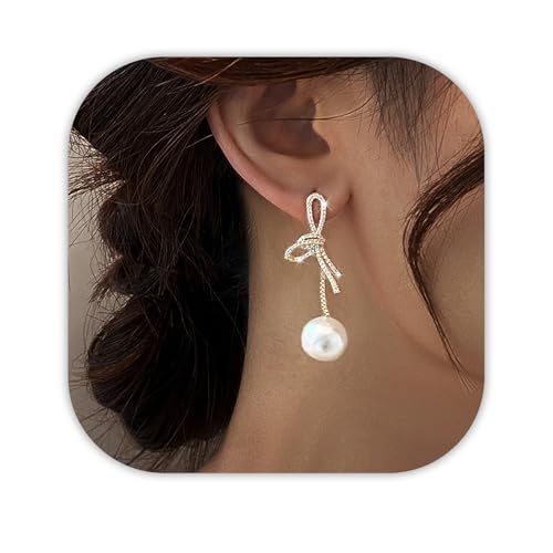 Trinckle Gold Bow Earrings, Pearl Dangle Earings...