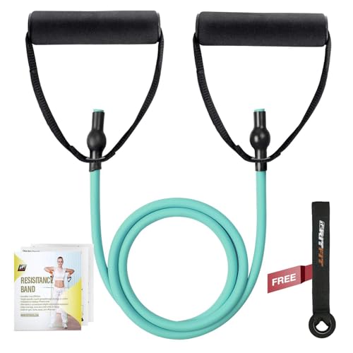 RitFit Single Resistance Exercise Band with Comfortable Handles - Ideal for Physical Therapy, Strength Training, Muscle Toning - Door Anchor and Starter Guide Included (Aqua(12-16lbs))