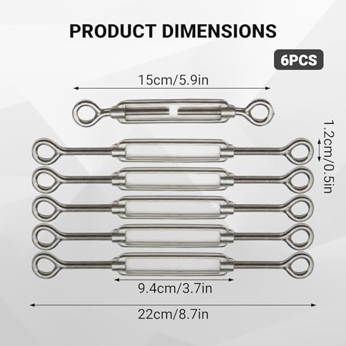 6 unidades Tensores de Tensión, Tensores ajustables de acero inoxidable 304 O a O para cables, vela de sombra, barandales y colgantes miniatura 3