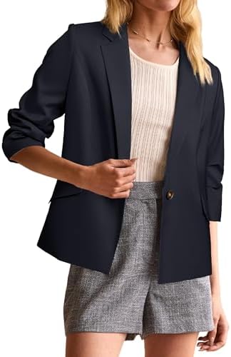 Simplee Ruched 3/4 Sleeve Blazer for Women Lightweight Dressy Bus...