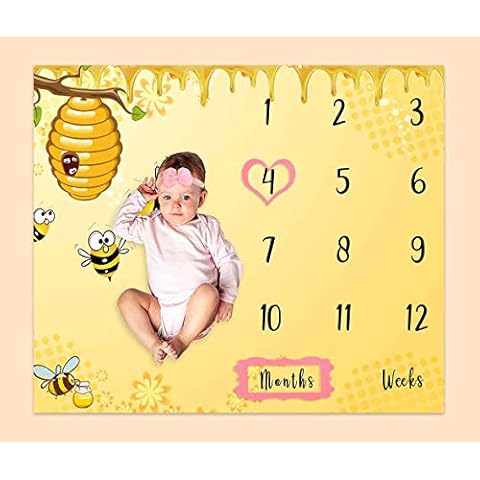 PHMOJEN Baby Age Milestone Blanket, Bee Honeycomb Blanket for Nursery, Baby 1-12 Months Growth Chart, Includes 4 Frame and 1 Headband 47"x40" BTQQPH33 Cover