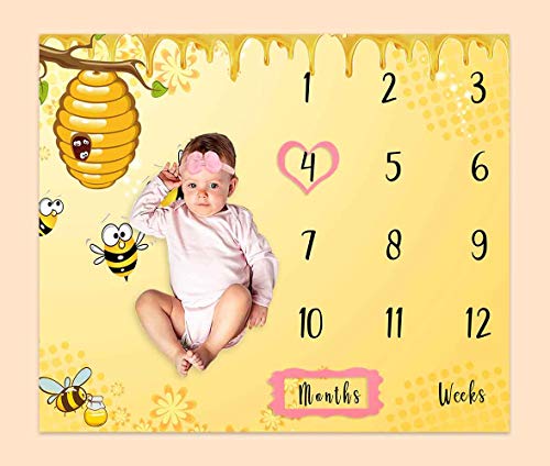 Image of PHMOJEN Baby Age Milestone Blanket, Bee Honeycomb Blanket for Nursery, Baby 1-12 Months Growth Chart, Includes 4 Frame and 1 Headband 47"x40" BTQQPH33