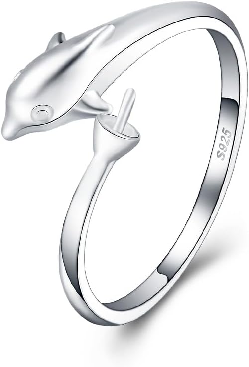 Sterling Silver Dolphin Design Adjustable Rings for Women, Design Ring Mounts Fittings with Pearl Seat for DIY Jewelry Making