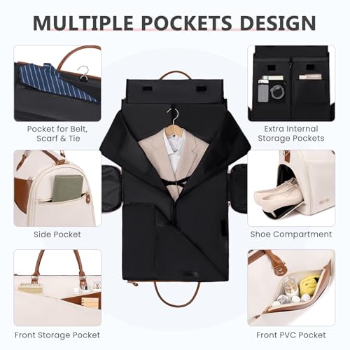 Convertible Garment Duffle Bag for Travel, Carry On Garment Bag for Women, 2 in 1 Travel Garment Bag with Shoe Compartment, Foldable Suit Travel Bag for Hanging Clothes, Beige - Thumbnail 3