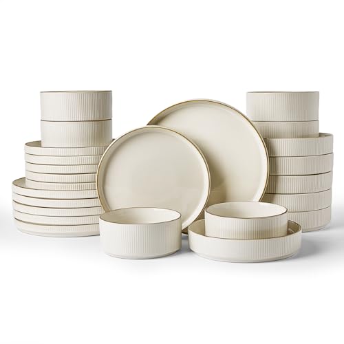 Image of Famiware Star 24-Piece Stoneware Dinnerware Set with Trim, Service for 6 - Shallow Pasta Bowls & Flat Plates, Dishes for Everyday & Formal Use, Chip/Scratch Resistant, Microwave/Dishwasher Safe, White