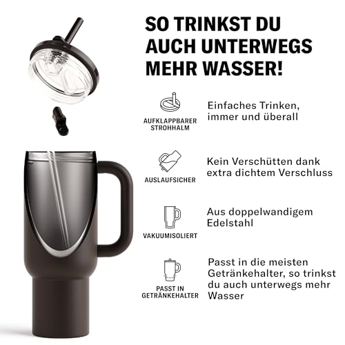 waterdrop® Thermobecher mit Strohhalm 1,1L – Auslaufsichere, robuste Trinkflasche mit aufklappbarem Trinkhalm, Hält 12h kalt, Trinkbecher mit Deckel, isolierte Edelstahlflasche 3
