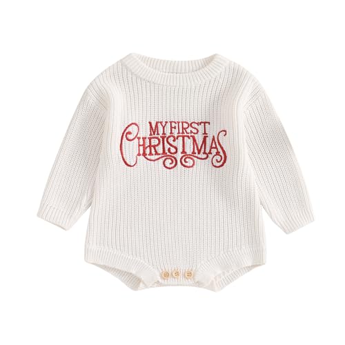 BULINGNA Newborn Infant Baby Girl Boy My First Christmas Sweater Romper Long Sleeve Cable Knit Oversized Bubble Onesie Outfit (White, 0-3 Months)