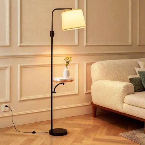 HOJOYRI Corner Floor Lamp with Table, Black Modern Standing Lamp with Shelf, Dimmable Arc Tall Side Table with Lights for Living Room Bedroom Office with Adjust Head, Rotary Switch,LED Bulb Included