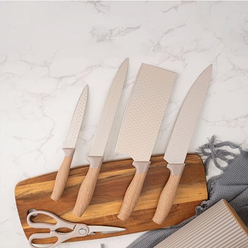 Image of Homero 6-Piece Luxury Wooden Coating Kitchen Knife Set, Brown | Chef, Cleaver, Bread, Utility & Fruit Knives, Acrylic Stand, Non-Stick, Durable