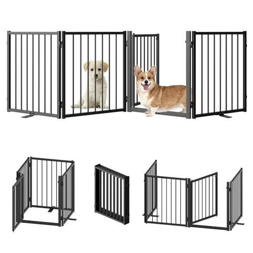 SNUOWU Full Matel Freestanding Dog Gate with Door, 24'' Height Foldable Pet Dog Fence for Indoor & Outdoor, 4 Panels Extra Wide Free Standing Small Dog Gates for Doorways,House,Stairs,Porch,Deck,Yard
