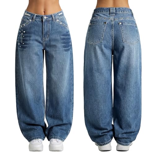 Image of EMMIOL Women Hip Hop 90s Vintage Baggy Jeans Denim Pants Mid Waist Jeans